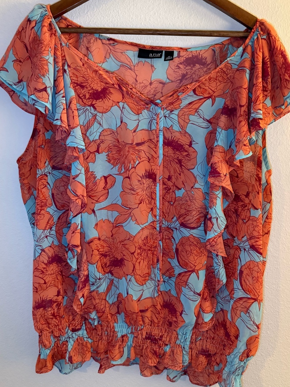 a.n.a Coral Floral Ruffle Sleeve Blouse - Coral/Light Blue